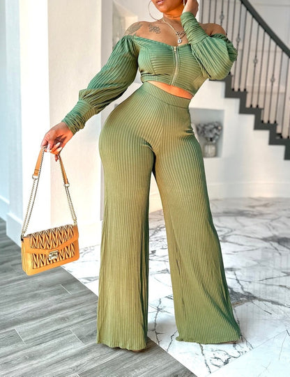 Pleated Off-Shoulder Zipper Top And High-Waisted Pants Set