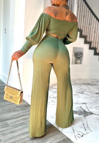 Pleated Off-Shoulder Zipper Top And High-Waisted Pants Set