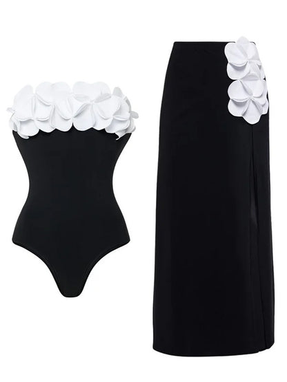 3D Flower Strapless Swimsuit 2 Piece Set