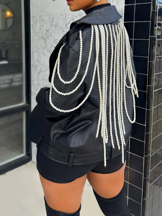 Black Biker Jacket With Cascaded Pearl