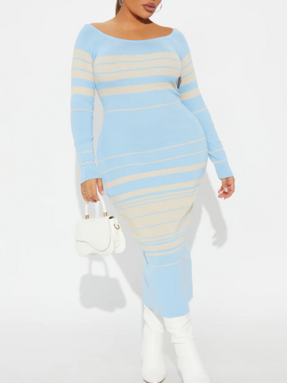 Striped Knit Blue And White Contrast Dress