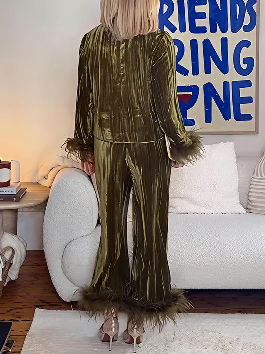 Feather Cuff Velvet Two Piecees Set