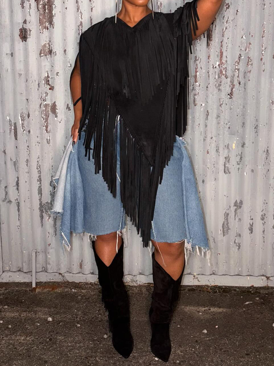 Suede V Neck Fringe Top