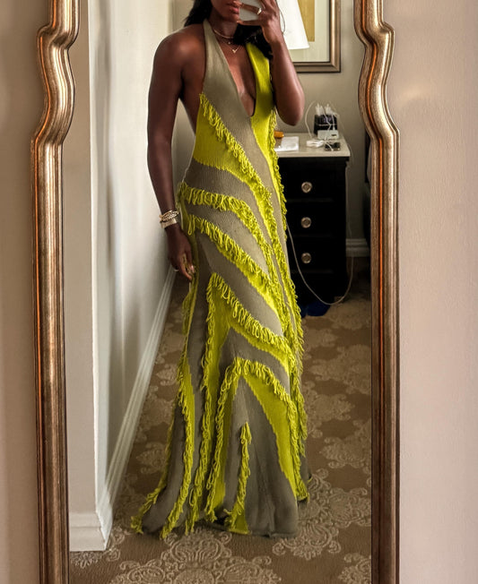 Green Tassel Knit Halter Maxi Dress