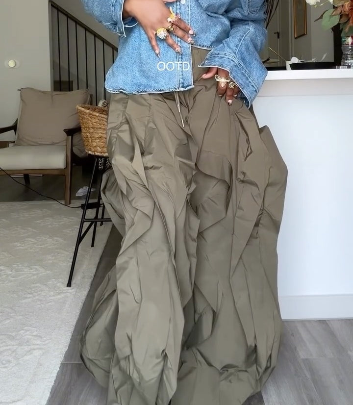 Wavy Oversized Ruffle Drawstring Elastic Waist Pants