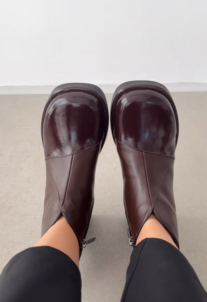 Genuine Leather Side Zippered Blunt Toe Women's Boots