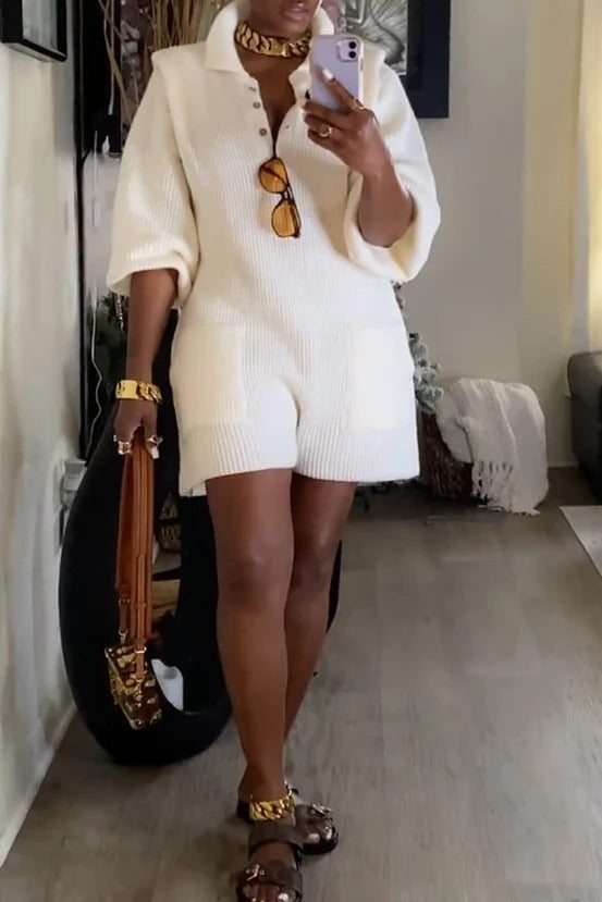 Knitted Lapel Button Jumpsuit