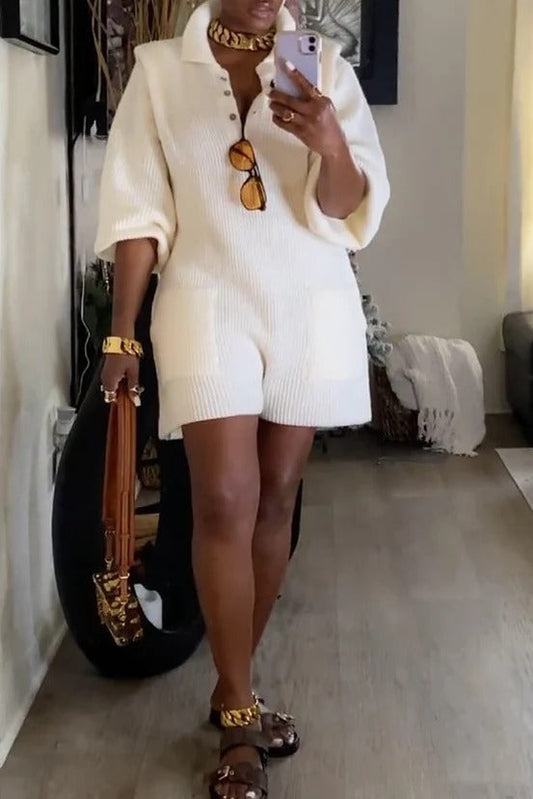 Knitted Lapel Button Jumpsuit