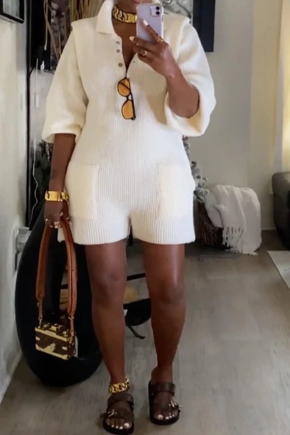 Knitted Lapel Button Jumpsuit