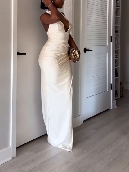 White Deep V-Neck Hip Skirt