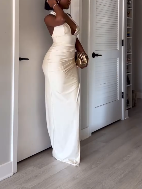 White Deep V-Neck Hip Skirt