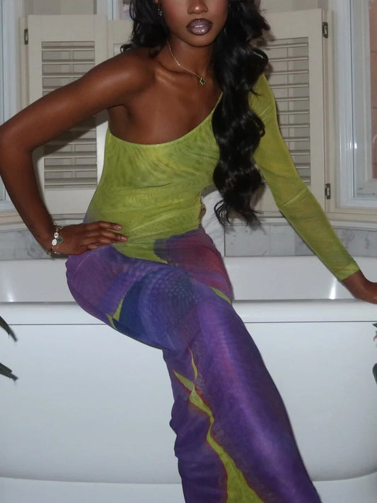 Unilateral Shoulder Yellow And Purple Hip Skirt