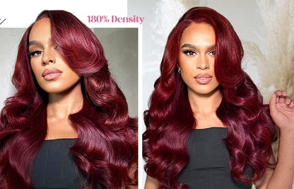 Burgundy Body Wave Lace Front Wigs 13x6 HD Transparent Lace 180% Density Wine Red