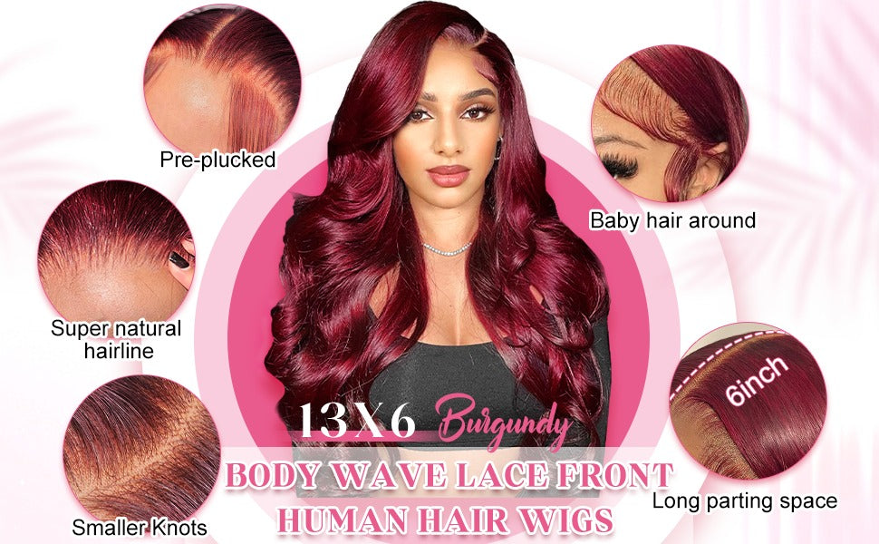 Burgundy Body Wave Lace Front Wigs 13x6 HD Transparent Lace 180% Density Wine Red