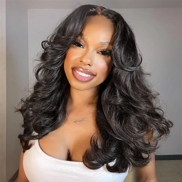 Body Wave Face-Framing Curtain Bangs Layered Cut Bleached Knots Wear Go Glueless Wig