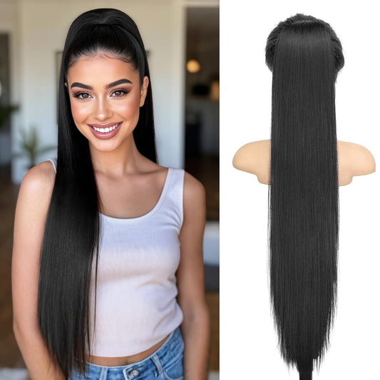 Natural Soft Clip In & Drawstring Long Straight Ponytail Extension For Women Synthetic Hairpiece