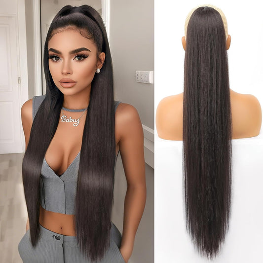 Natural Soft Clip In & Drawstring Long Straight Ponytail Extension For Women Synthetic Hairpiece