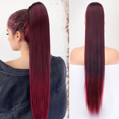Natural Soft Clip In & Drawstring Long Straight Ponytail Extension For Women Synthetic Hairpiece