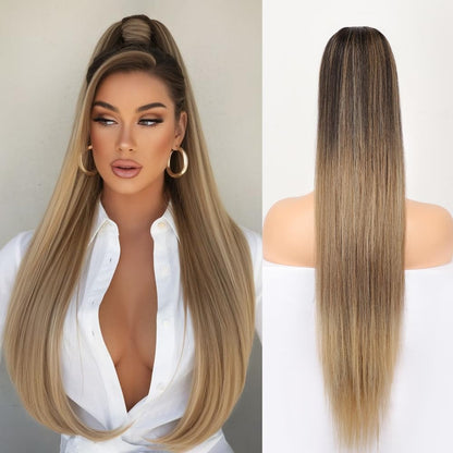 Natural Soft Clip In & Drawstring Long Straight Ponytail Extension For Women Synthetic Hairpiece