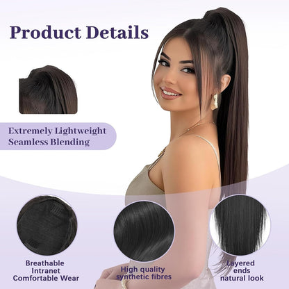 Natural Soft Clip In & Drawstring Long Straight Ponytail Extension For Women Synthetic Hairpiece