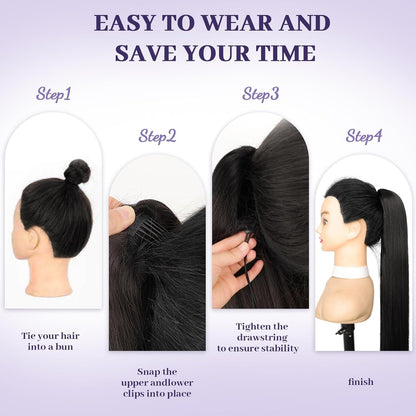 Natural Soft Clip In & Drawstring Long Straight Ponytail Extension For Women Synthetic Hairpiece