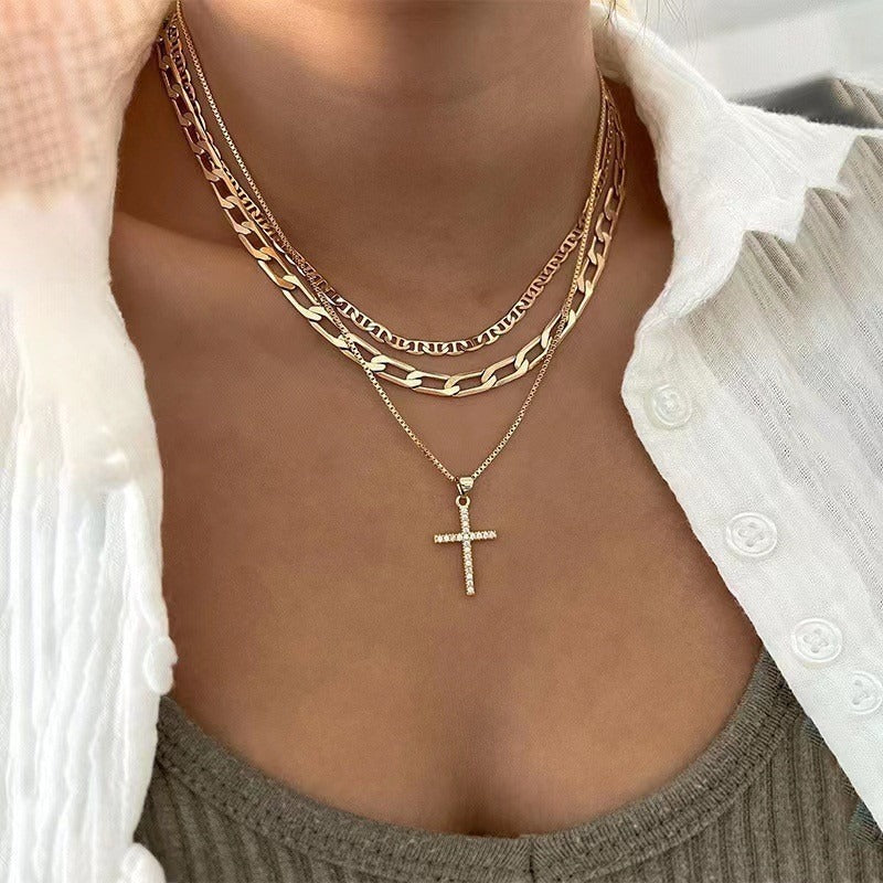 3pcs Layered Stacked Cross Pendant Necklace Set For Women