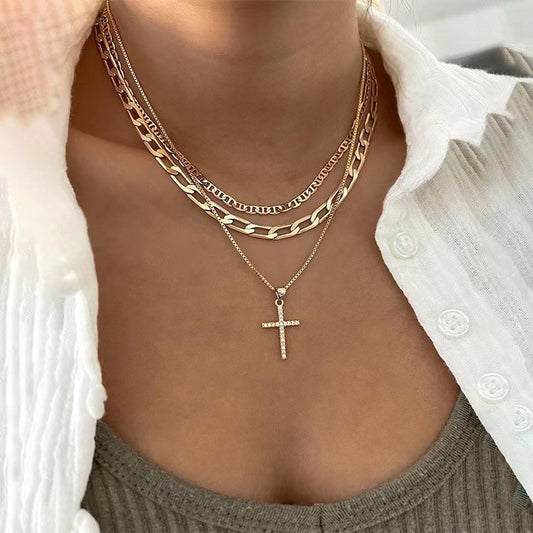 3pcs Layered Stacked Cross Pendant Necklace Set For Women