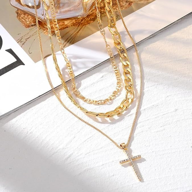 3pcs Layered Stacked Cross Pendant Necklace Set For Women