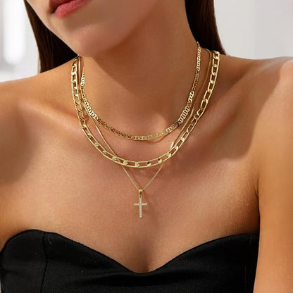 3pcs Layered Stacked Cross Pendant Necklace Set For Women