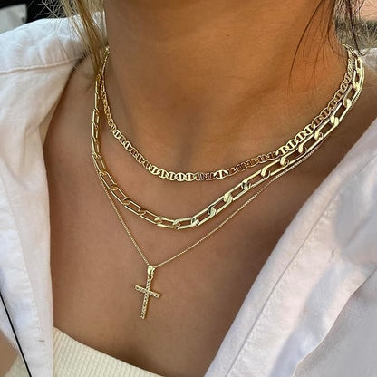 3pcs Layered Stacked Cross Pendant Necklace Set For Women