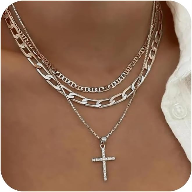 3pcs Layered Stacked Cross Pendant Necklace Set For Women