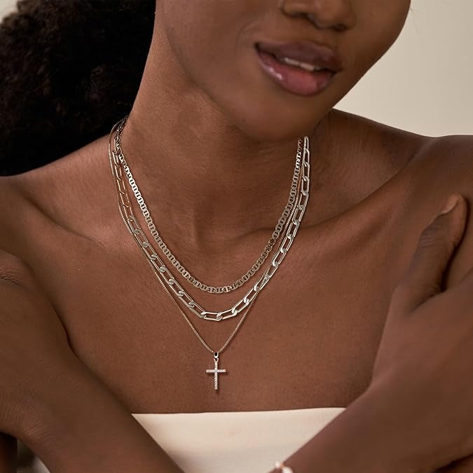 3pcs Layered Stacked Cross Pendant Necklace Set For Women
