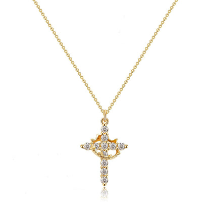 Simple Diamond Crown Cross Necklace Women