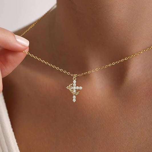Simple Diamond Crown Cross Necklace Women