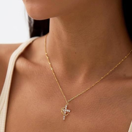 Simple Diamond Crown Cross Necklace Women