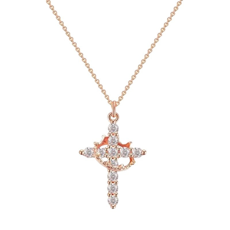 Simple Diamond Crown Cross Necklace Women
