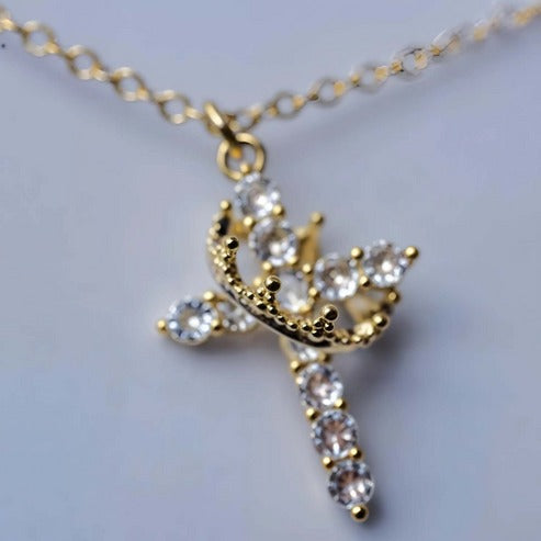 Simple Diamond Crown Cross Necklace Women