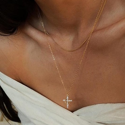 Simple Diamond Crown Cross Necklace Women