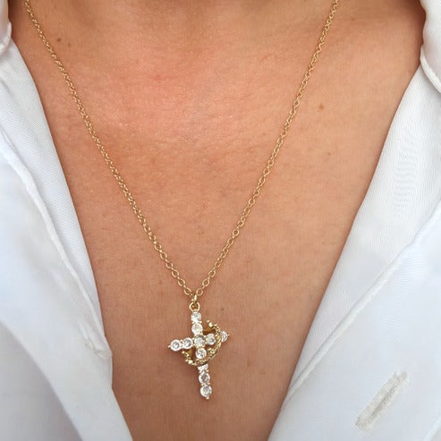 Simple Diamond Crown Cross Necklace Women