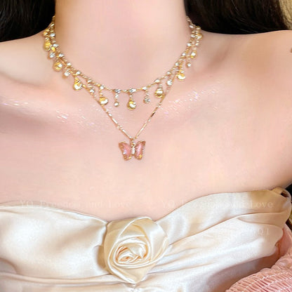 Cool Summer Butterfly Double-layer Tassel Clavicle Chain Necklace Accessories