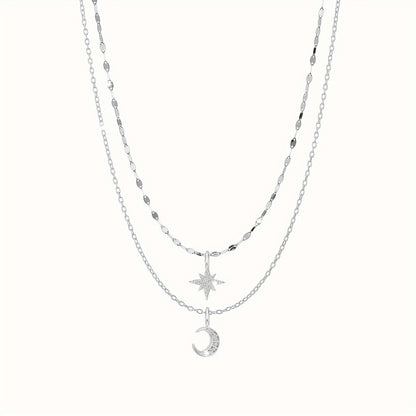 Moon & Star Pendant Double Layer Necklace