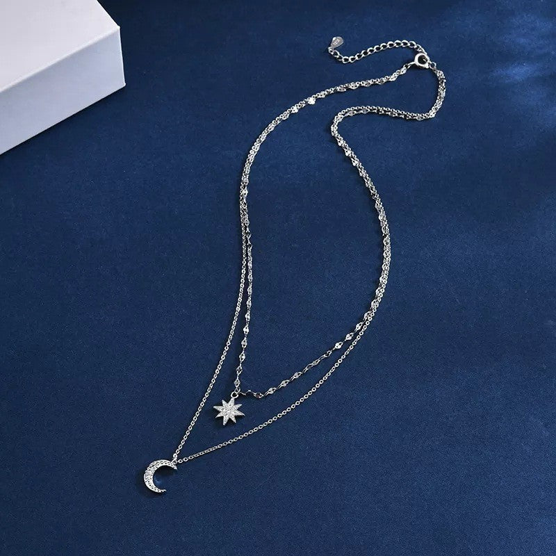 Moon & Star Pendant Double Layer Necklace