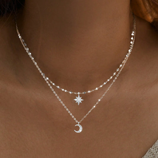 Moon & Star Pendant Double Layer Necklace