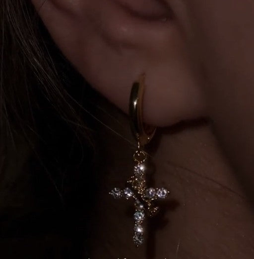 Exquisite Sparkling Zircon Cross Crown Pendant Earrings