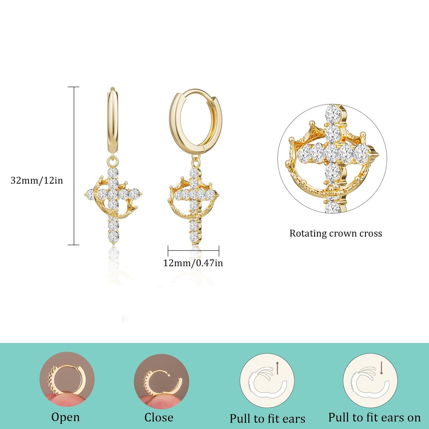 Exquisite Sparkling Zircon Cross Crown Pendant Earrings