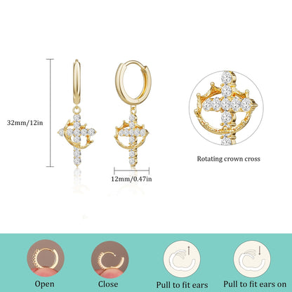 Exquisite Sparkling Zircon Cross Crown Pendant Earrings