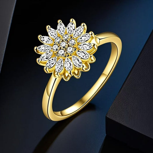 Vintage 18K Gold Diamond Sunflower Adjustable Rotating Ring