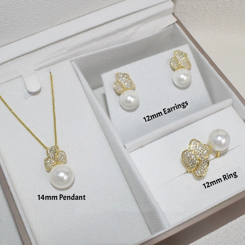 Clover Pearl Jewelry Set Earrings Necklace Ring
