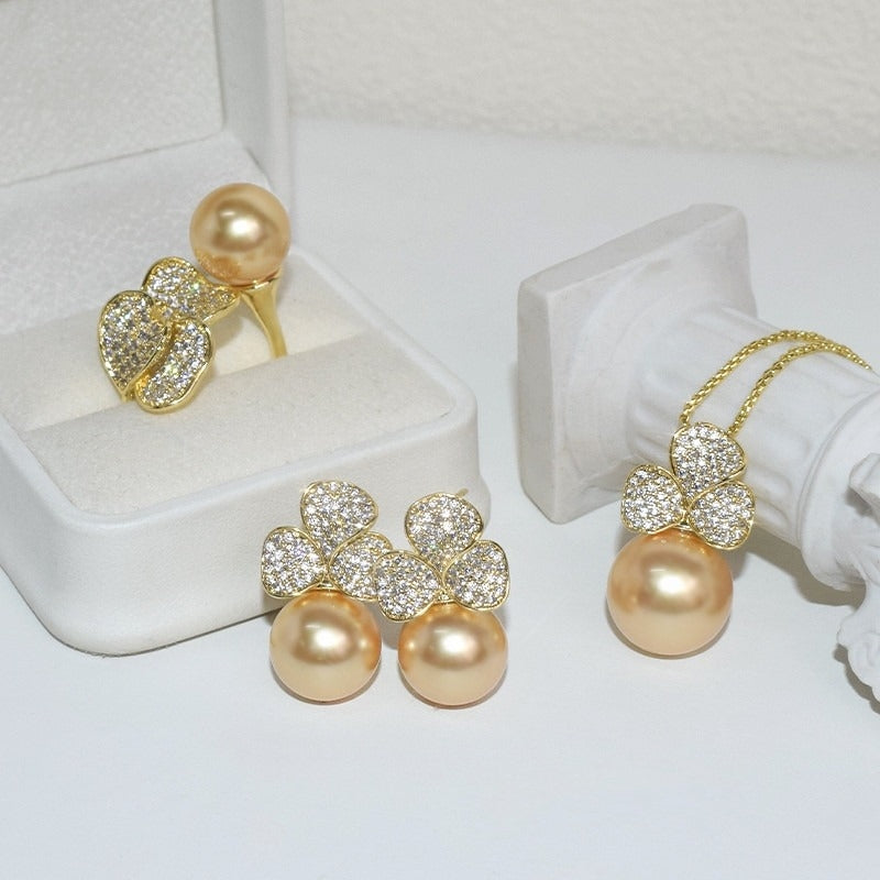 Clover Pearl Jewelry Set Earrings Necklace Ring