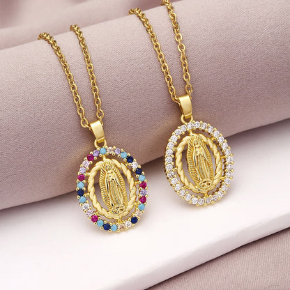 Vintage Non-Fading Copper Inlaid Zircon Our Lady Pendant Necklace
